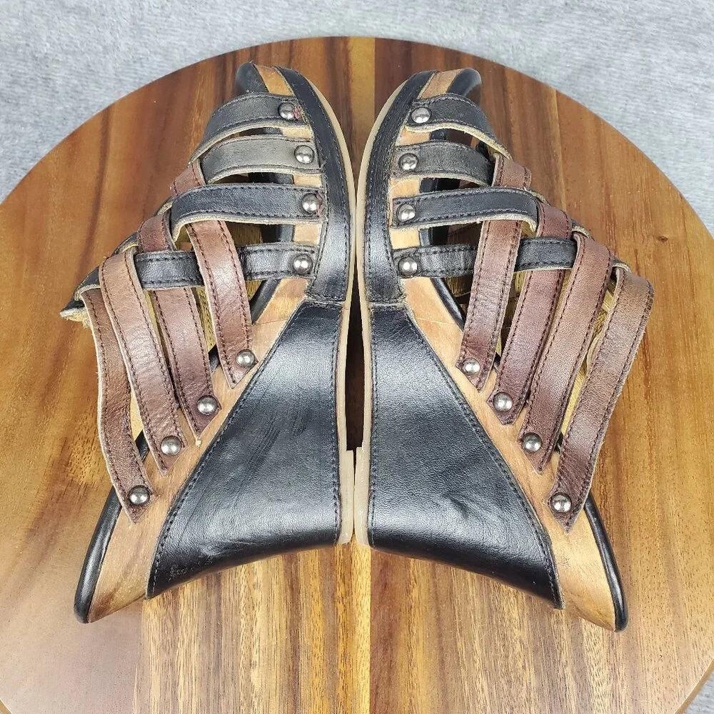 Bed Stu Sandals Women's 7 Brown Black Leather Gina Wedge Straps Slip On Platform - Picture 5 of 11
